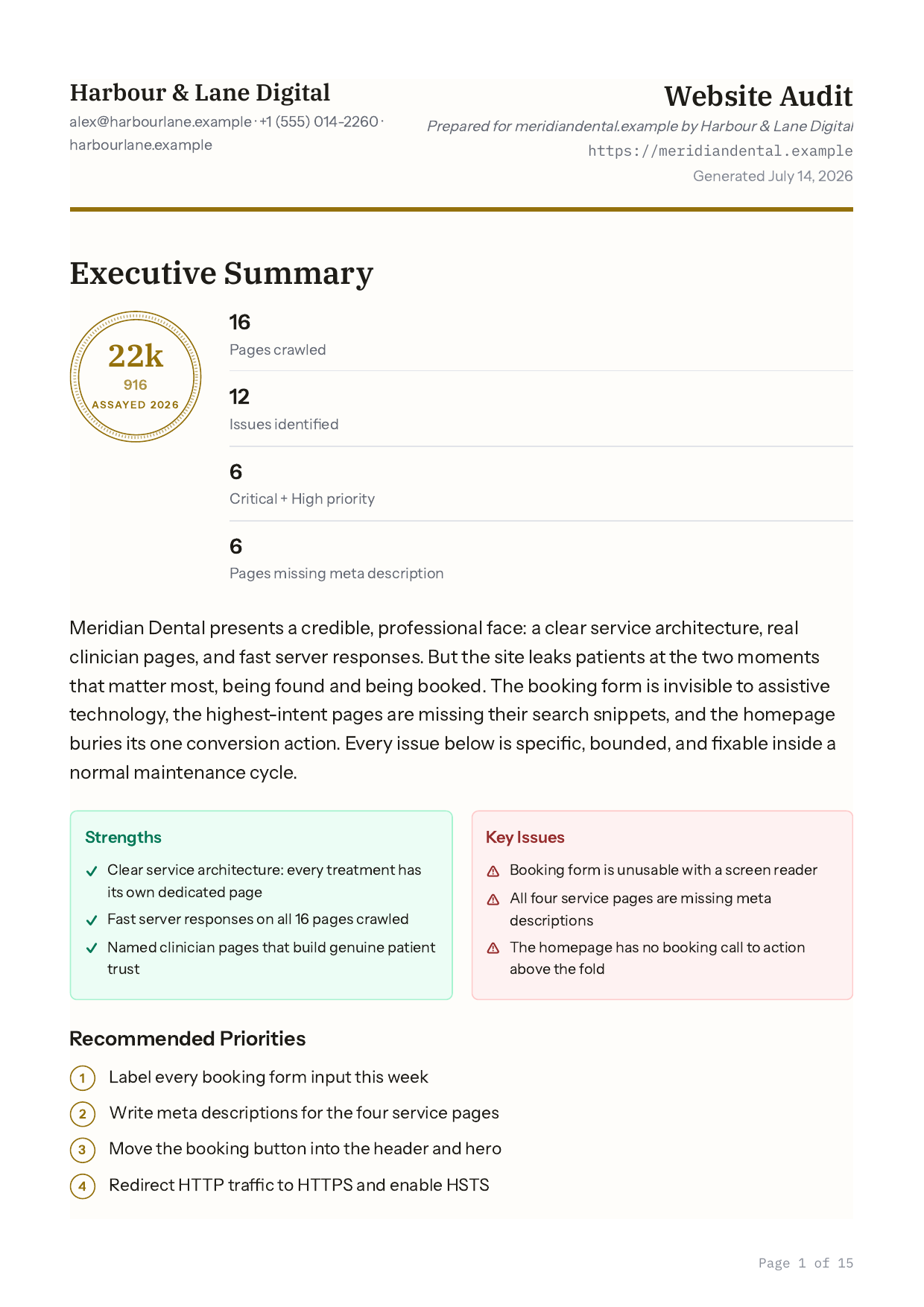 Sample report executive summary page with the karat hallmark