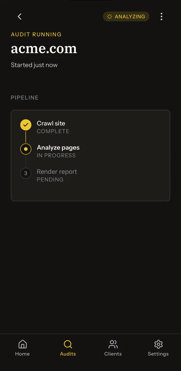 Live audit pipeline: crawl complete, AI analysis in progress