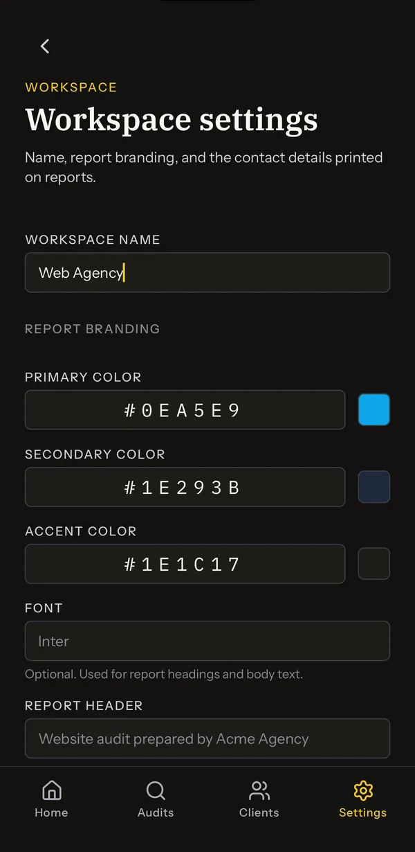 White-label report branding: colors, font, header and footer